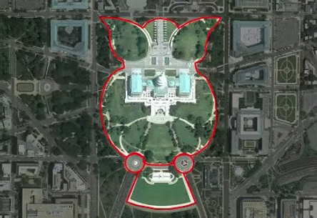 Satellite image of the U.S. Capitol grounds with an owl shape outlined in red overlaid on the layout